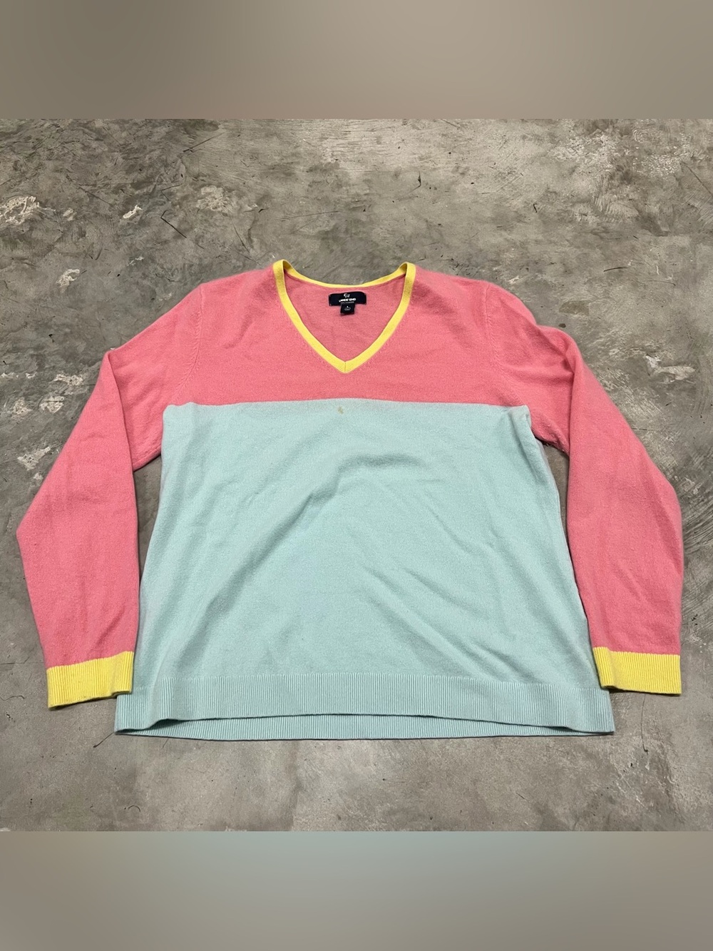 Lands End Cashmere V Neck Sweater Pink Blue Yellow Colorblock L 14 16 Women READ